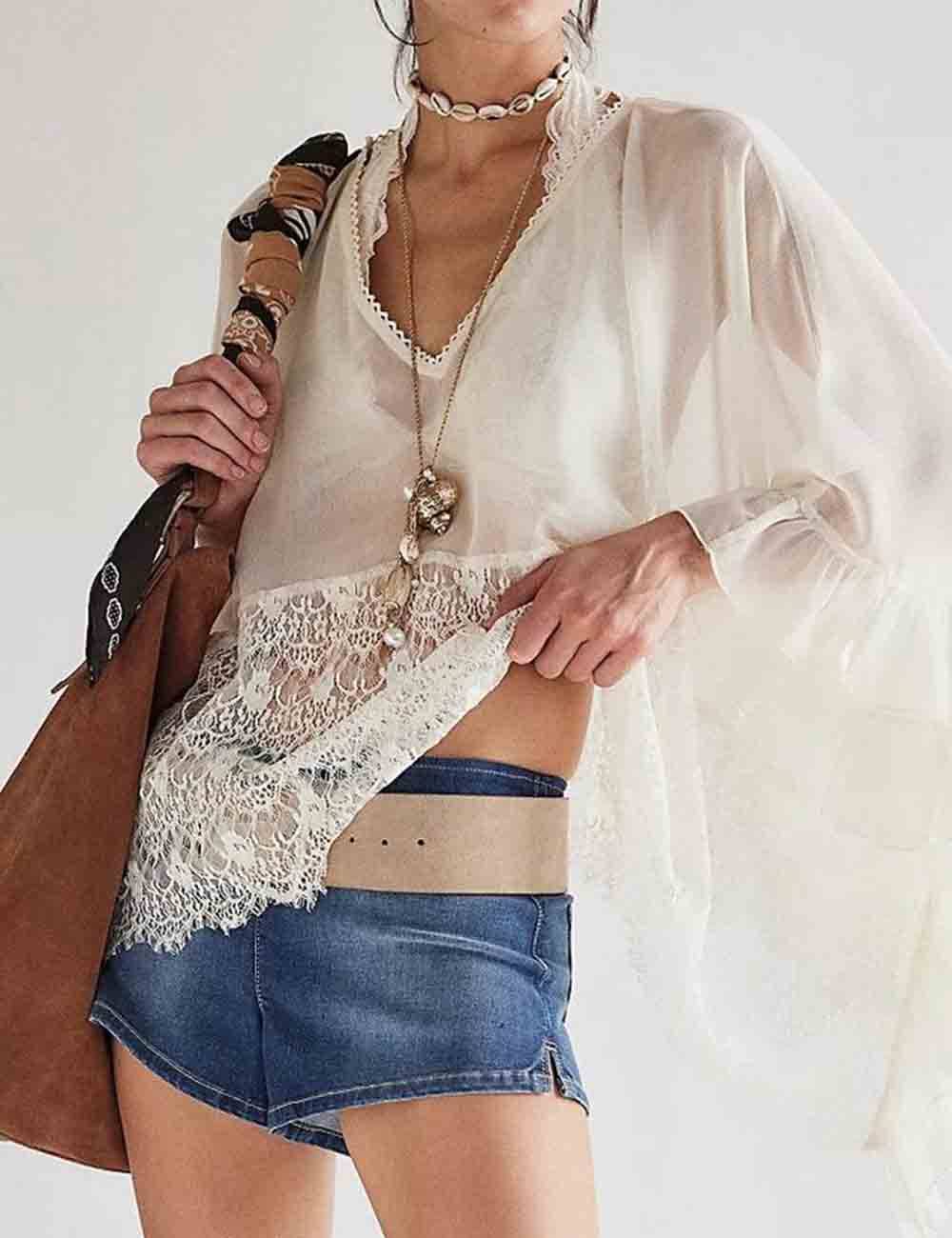 Lace Ruffle Batwing Sleeves See-Through Blouse