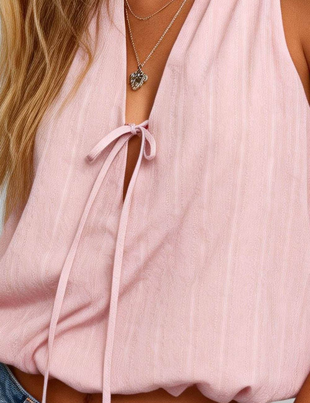 V-Neck Halter Tie Backless Bubble Hem Top