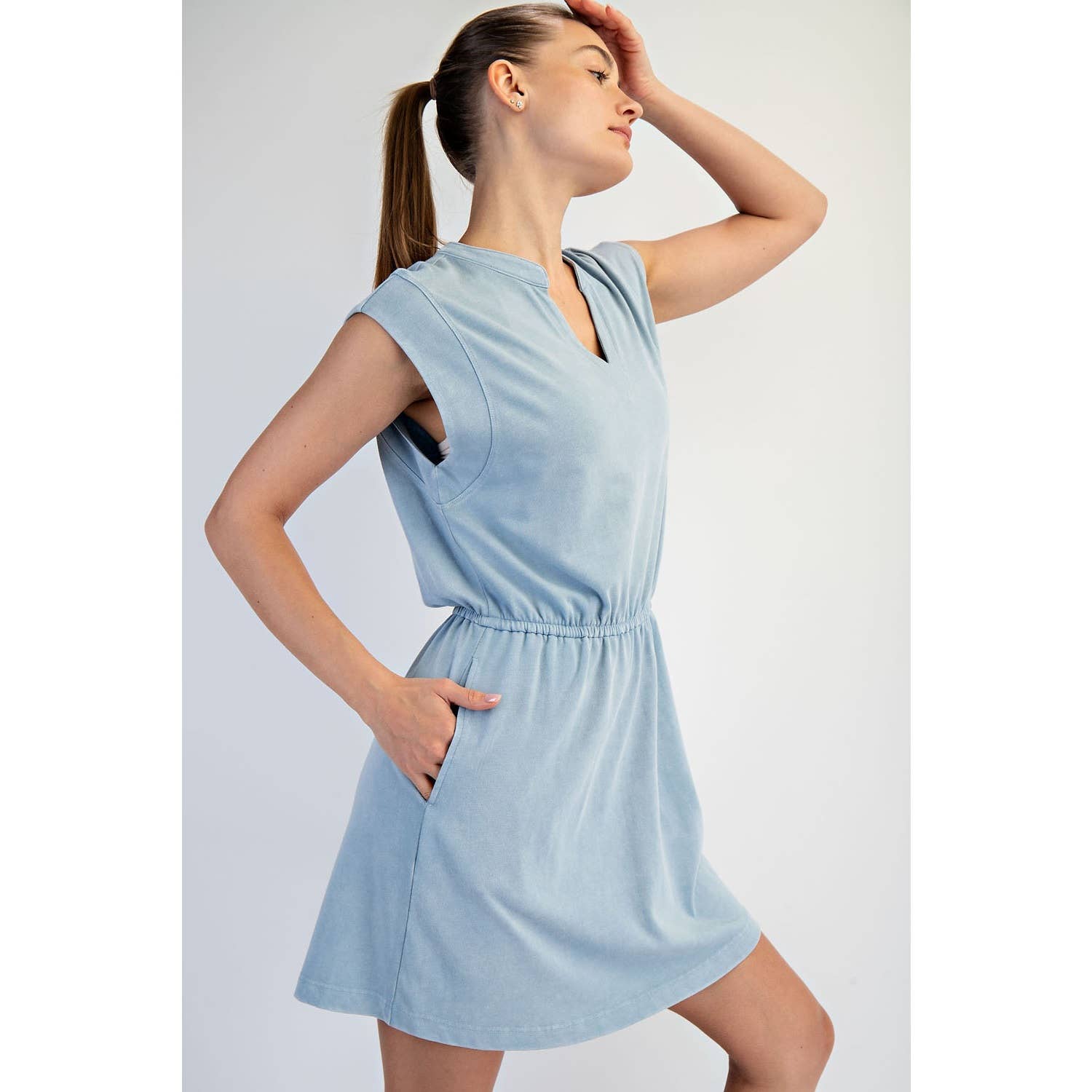 MINERAL WASHED COTTON SLEEVELESS MINI DRESS - slate blue