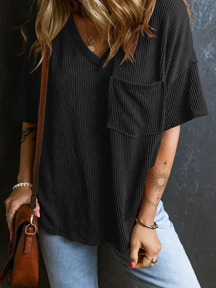 Solid Textured V Neck T Shirt Loose Fit Pocket Top