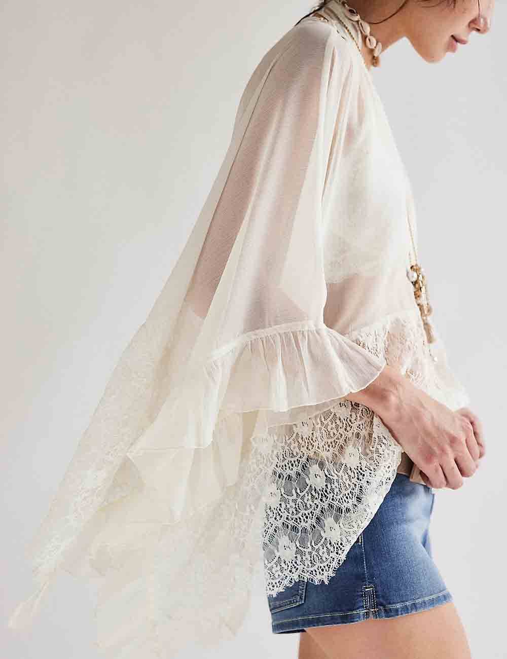 Lace Ruffle Batwing Sleeves See-Through Blouse