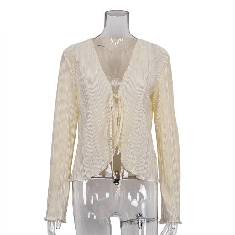 Solid Color Wrinkle Casual Lace Shirt