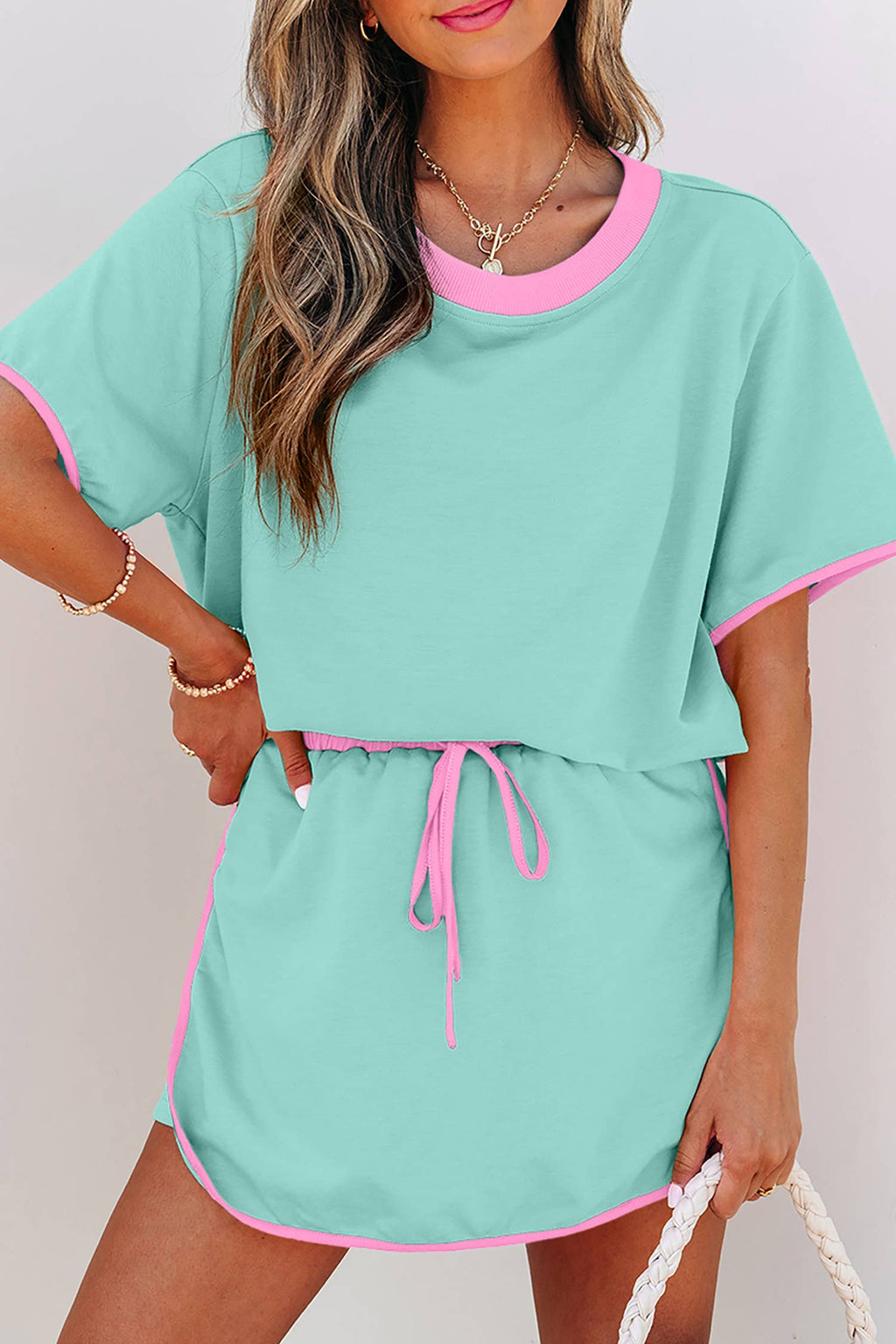 Colorblock Drop Shoulder T Shirt & Skirt Set