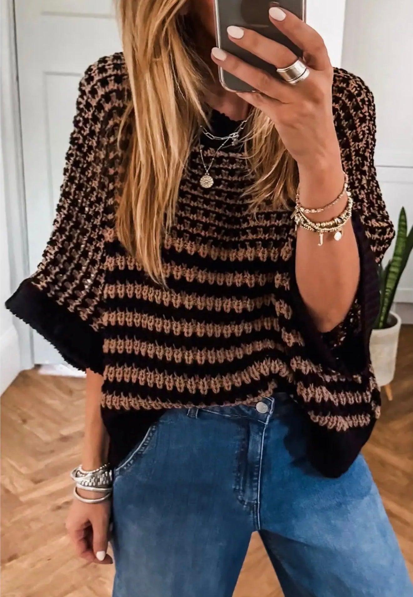 Color Block 3/4 Draped Sleeve Sweater