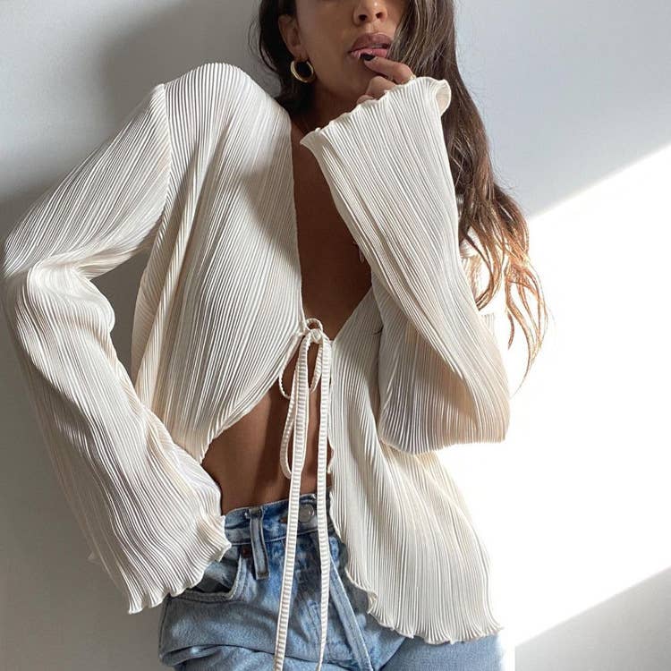 Solid Color Wrinkle Casual Lace Shirt