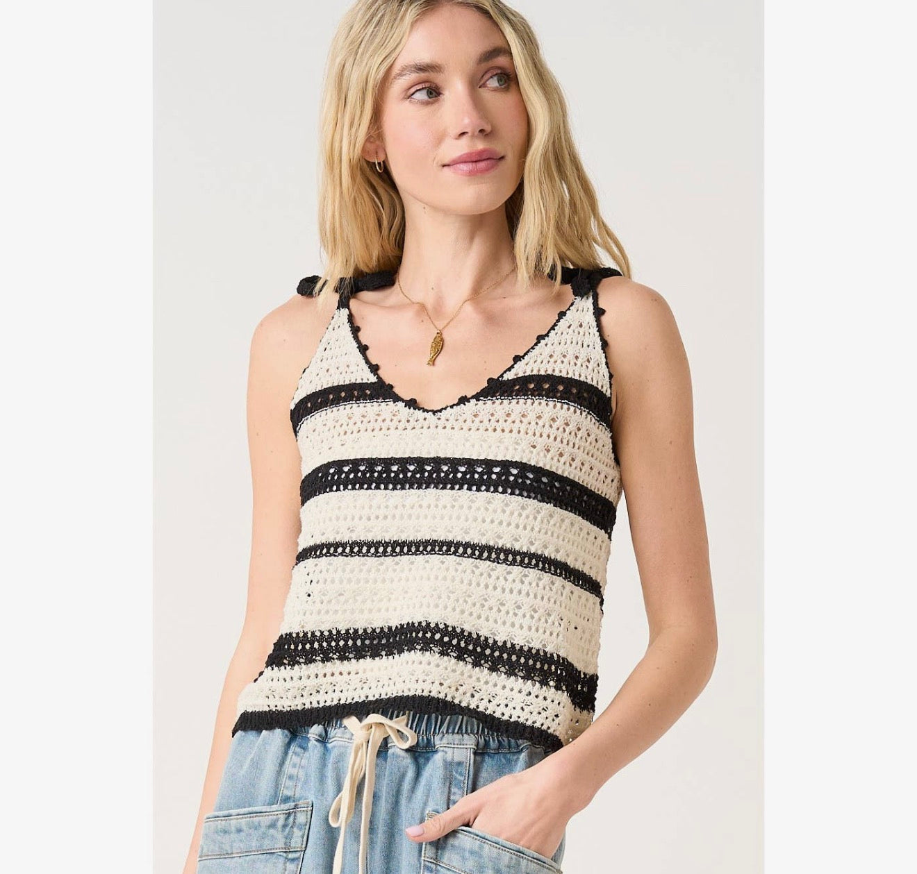Striped Crochet Knit Tie Shoulder V-
Neck Tank Top