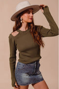 Rib Knit Top with Shoulder Cut Out- Olive