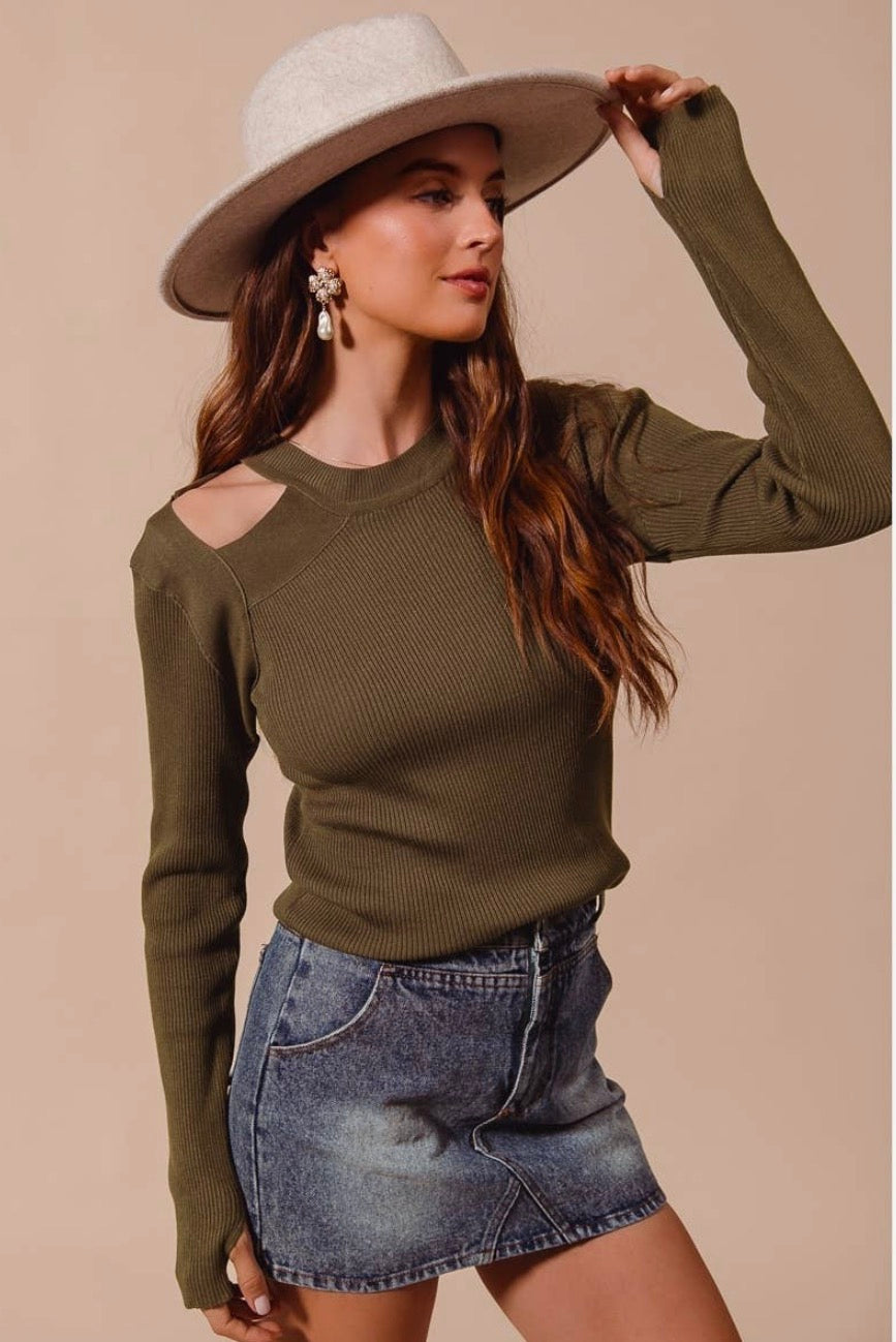 Rib Knit Top with Shoulder Cut Out- Olive