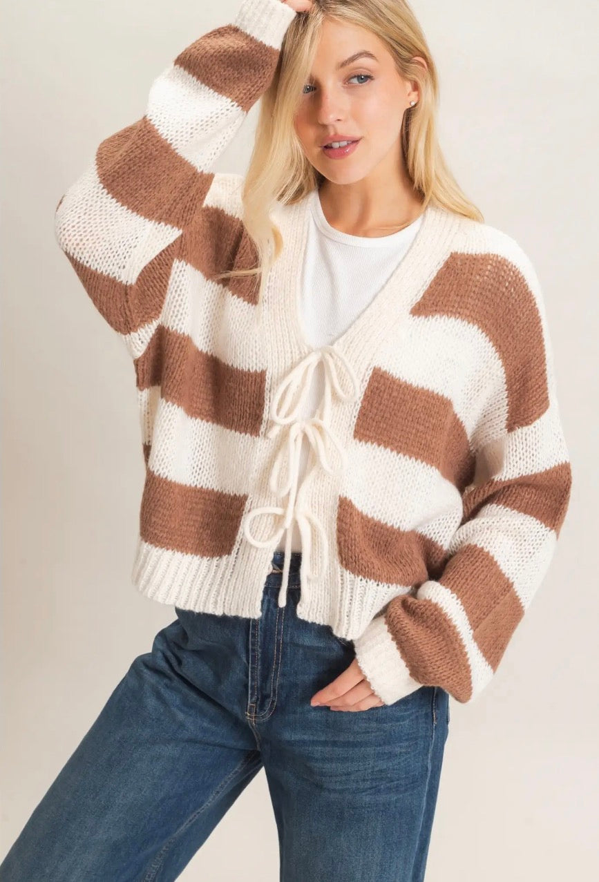 Brown Striped Triple Tie Cardigan