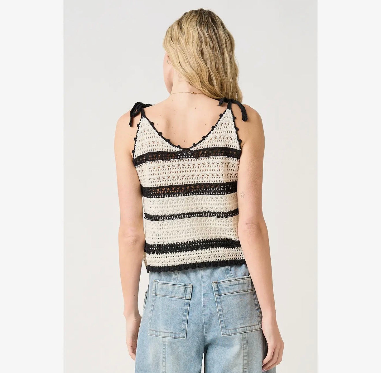 Striped Crochet Knit Tie Shoulder V-
Neck Tank Top