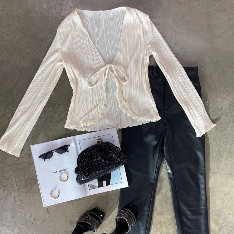 Solid Color Wrinkle Casual Lace Shirt