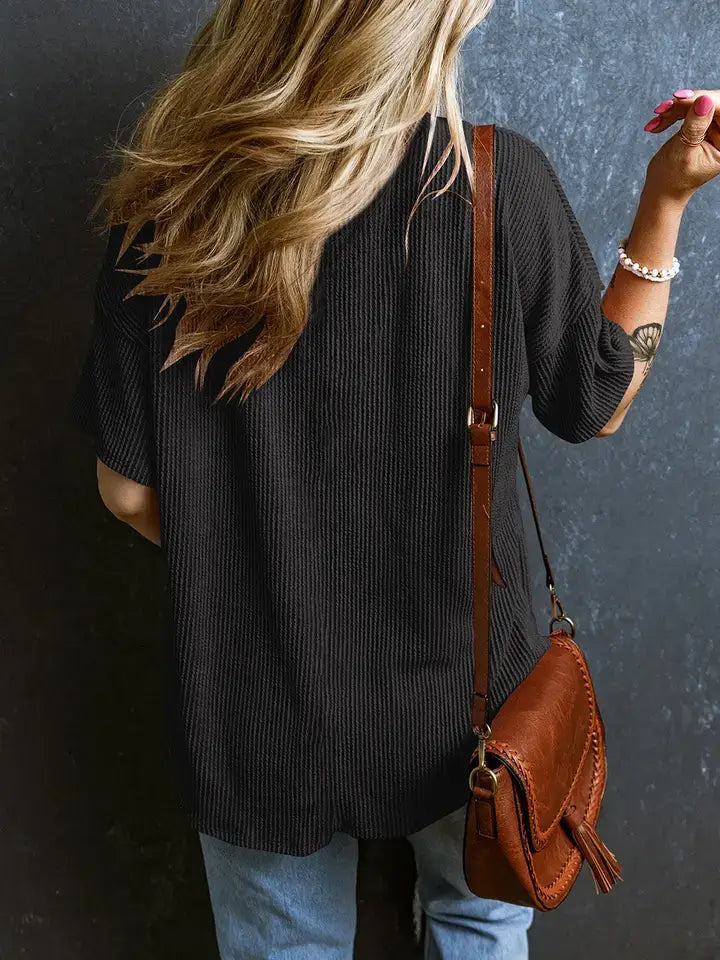 Solid Textured V Neck T Shirt Loose Fit Pocket Top