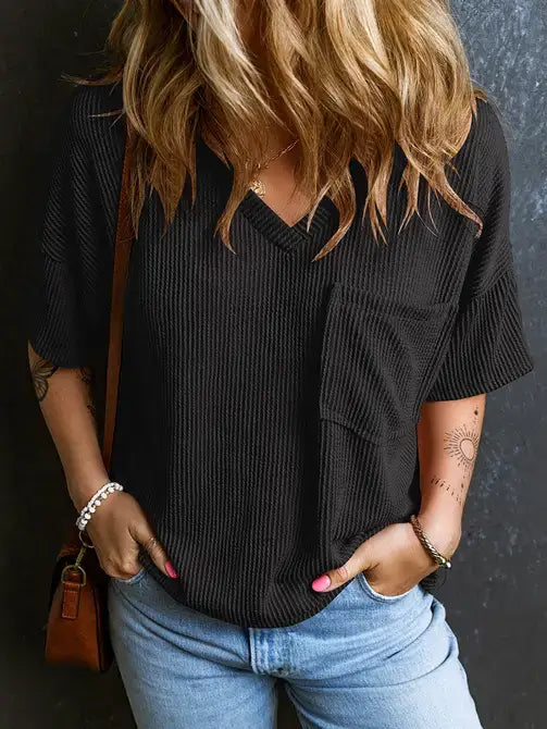 Solid Textured V Neck T Shirt Loose Fit Pocket Top
