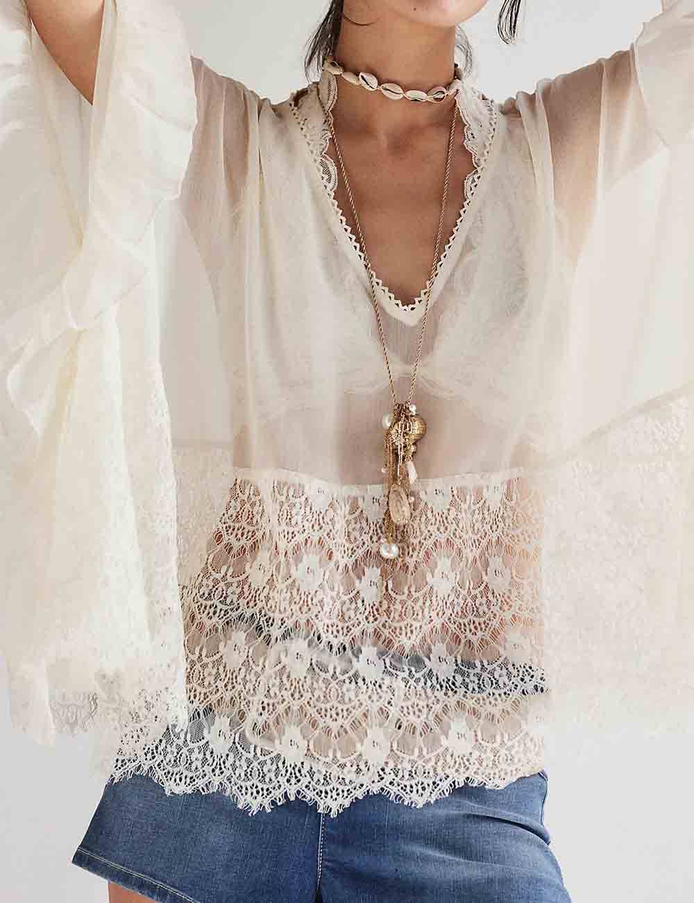 Lace Ruffle Batwing Sleeves See-Through Blouse